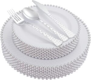 HOMIP 75PCS Fancy Disposable Dinnerware Party Set, 15 Dinner Plates 15 Dessert Plates with Silver Bead Rimed, 15 Silver Spoons, 15 Knives, 15 Forks, Plastic Silverware for Wedding Birthday Party