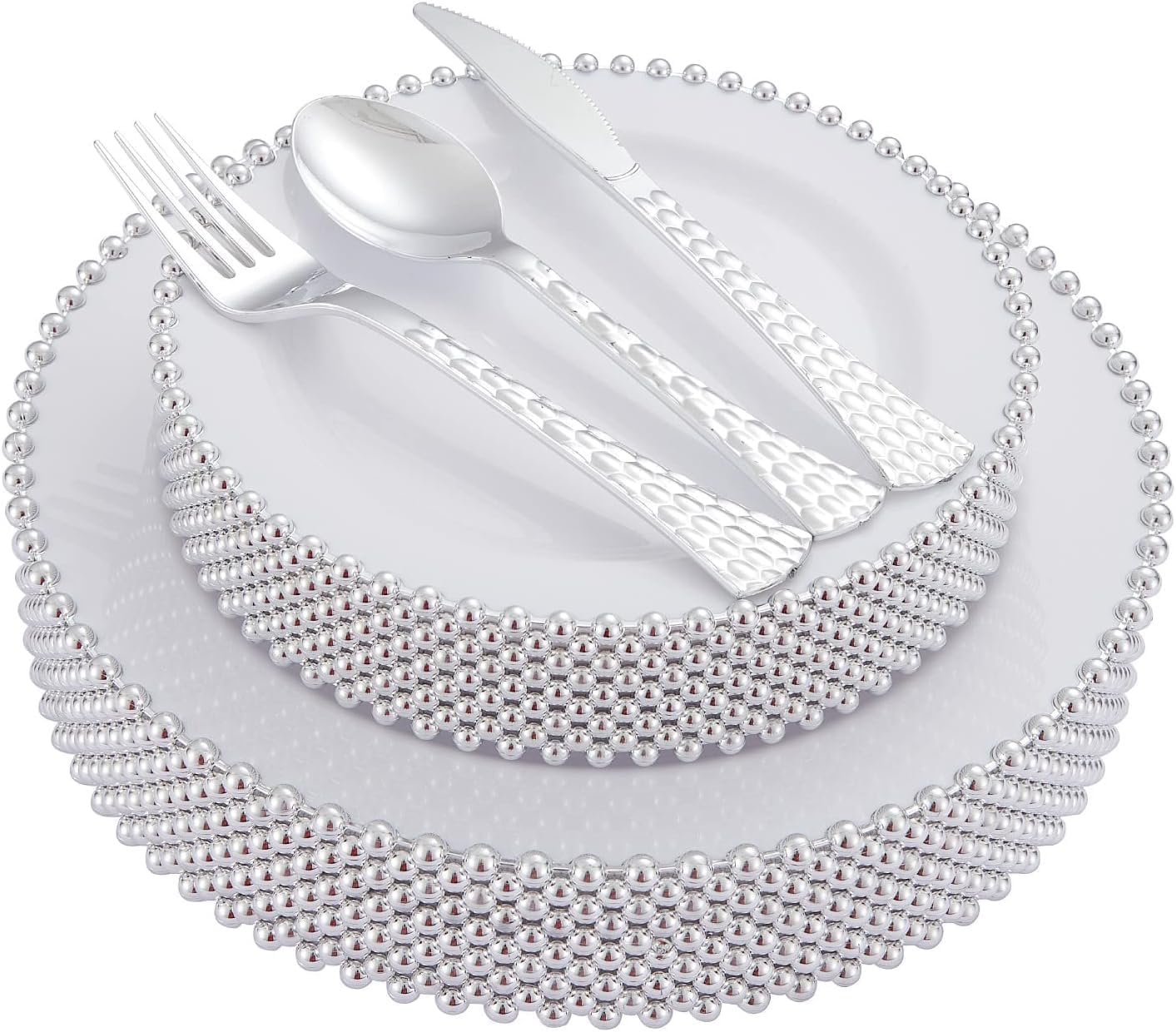 HOMIP 75PCS Fancy Disposable Dinnerware Party Set, 15 Dinner Plates 15 Dessert Plates with Silver Bead Rimed, 15 Silver Spoons, 15 Knives, 15 Forks, Plastic Silverware for Wedding Birthday Party