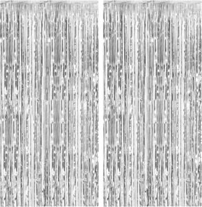 2 Pack Foil Curtain Backdrop Silver Metallic Tinsel Foil Fringe Curtains Photo Booth Props for Birthday Wedding Engagement Baby Shower Bachelorette Christmas Holiday Celebration Party Decorations