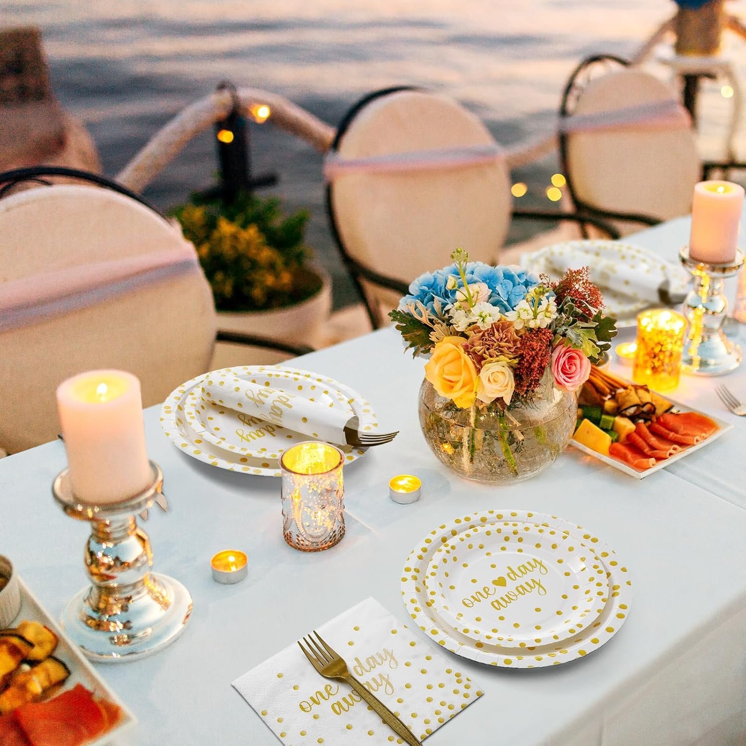 Wholesale 120 Pcs White and Gold Dot Paper Tableware Set Rehearsal Dinner Wedding Party Supplies Plates Cups Napkins Forks for 24 Guests Supplier Wholesale 120 Pcs White and Gold Dot Paper Tableware Set Rehearsal Dinner Wedding Party Supplies Plates Cups Napkins Forks for 24 Guests Supplier