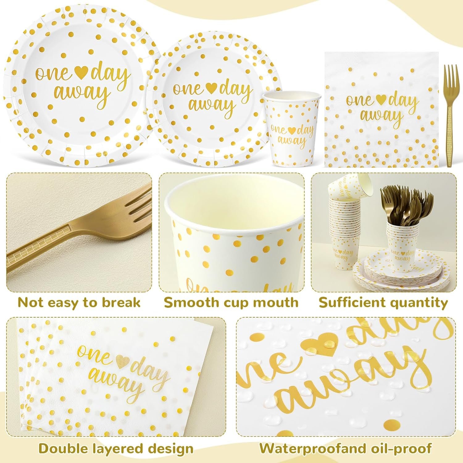 Wholesale 120 Pcs White and Gold Dot Paper Tableware Set Rehearsal Dinner Wedding Party Supplies Plates Cups Napkins Forks for 24 Guests Supplier Wholesale 120 Pcs White and Gold Dot Paper Tableware Set Rehearsal Dinner Wedding Party Supplies Plates Cups Napkins Forks for 24 Guests Supplier
