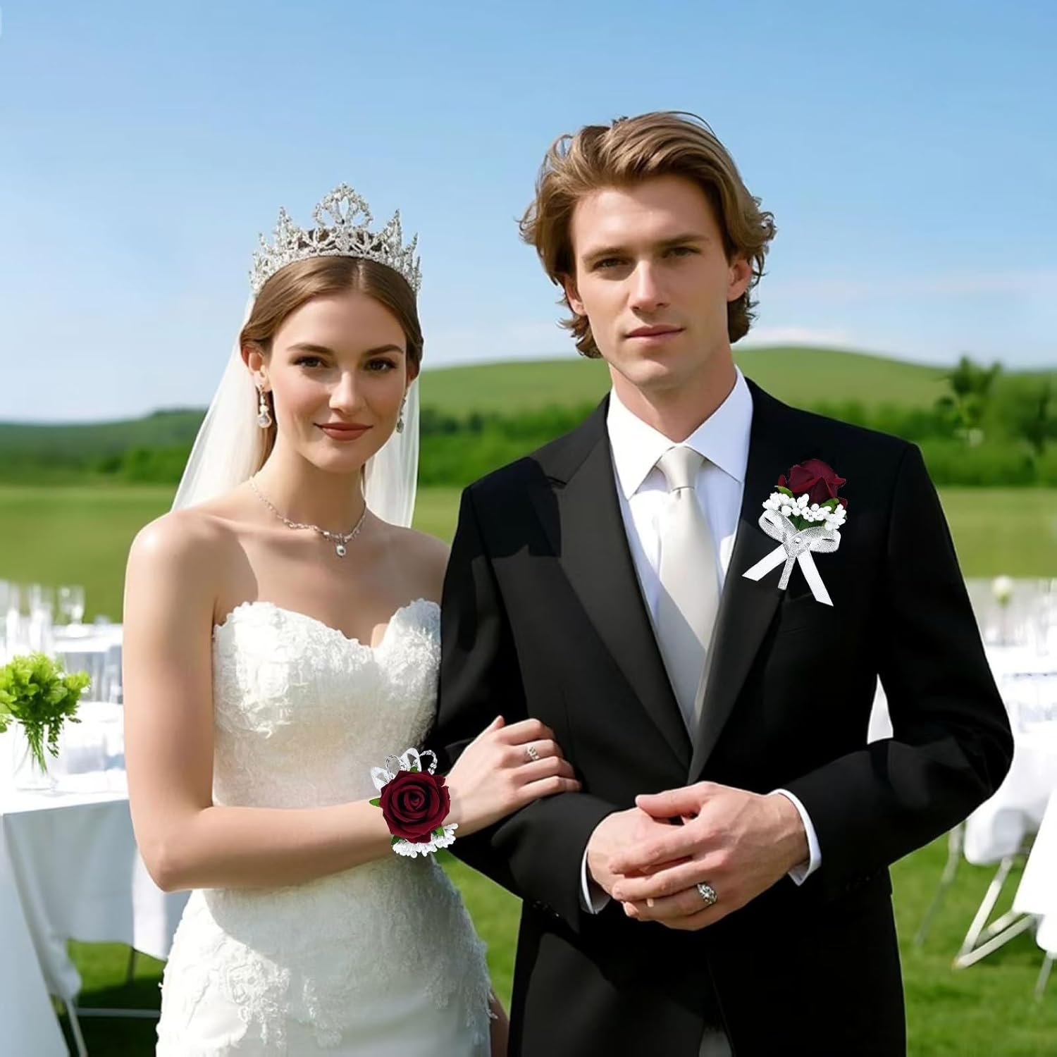 Wholesale 2Pcs Burgundy Rose Corsage and Boutonniere Set Artificial Wrist Corsage Bracelets for Men Wedding Party Formal Dinner Prom Flowers Accessories Supplier Wholesale 2Pcs Burgundy Rose Corsage and Boutonniere Set Artificial Wrist Corsage Bracelets for Men Wedding Party Formal Dinner Prom Flowers Accessories Supplier
