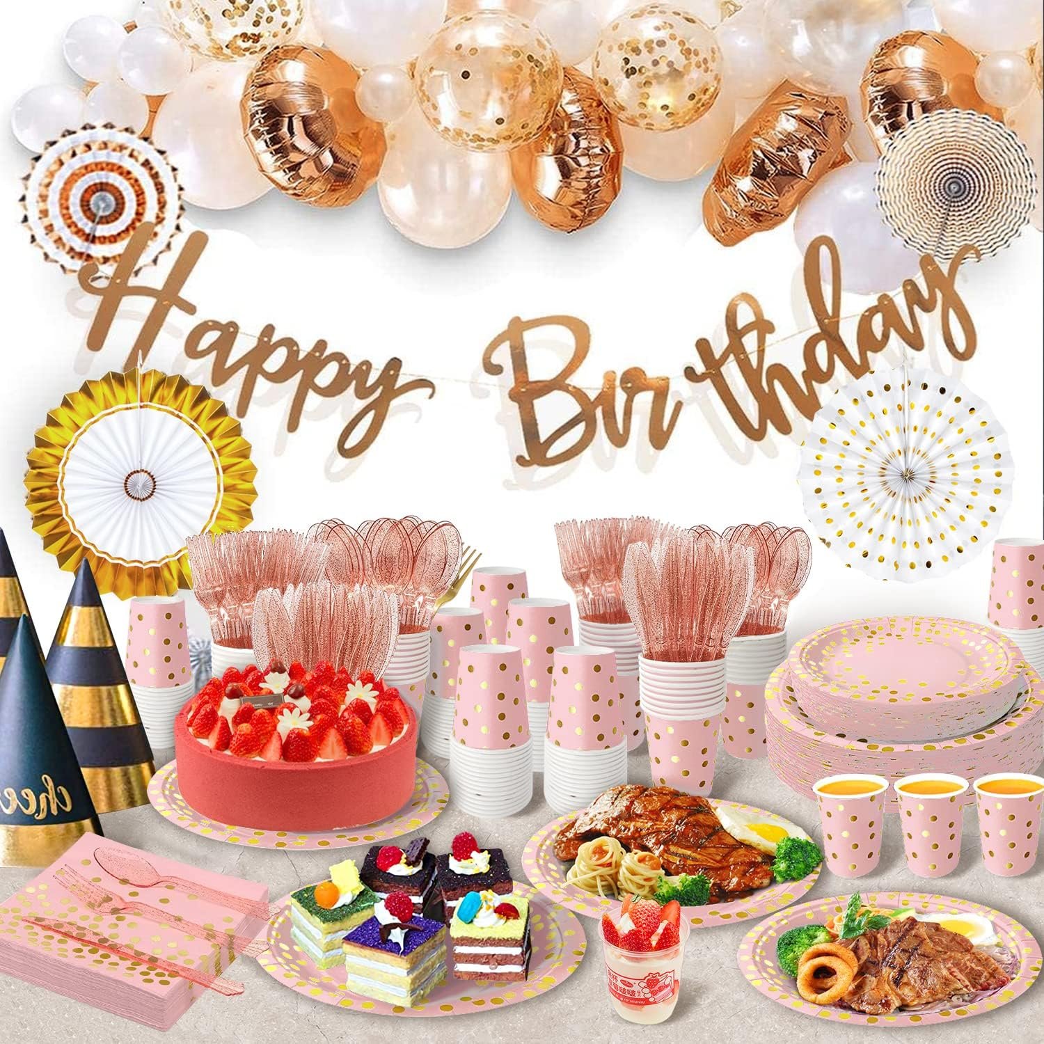 Wholesale 175PCS Pink Rose Gold Disposable Party Plates Supplies Serves 25 Guests Plastic Forks Knives Spoons Golden Dot Paper Plates Napkins Cups for Baby Shower Birthday Wedding Supplier