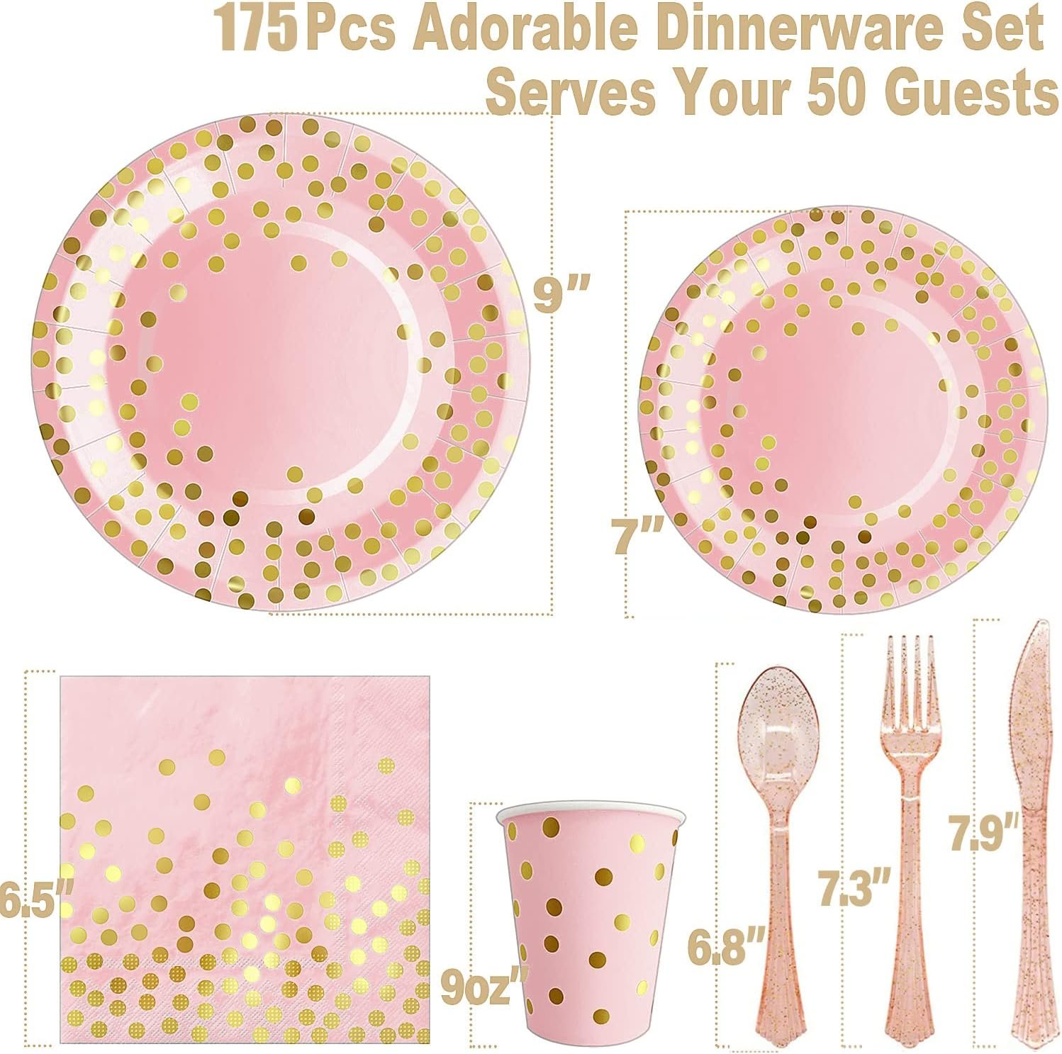 Wholesale 175PCS Pink Rose Gold Disposable Party Plates Supplies Serves 25 Guests Plastic Forks Knives Spoons Golden Dot Paper Plates Napkins Cups for Baby Shower Birthday Wedding Supplier