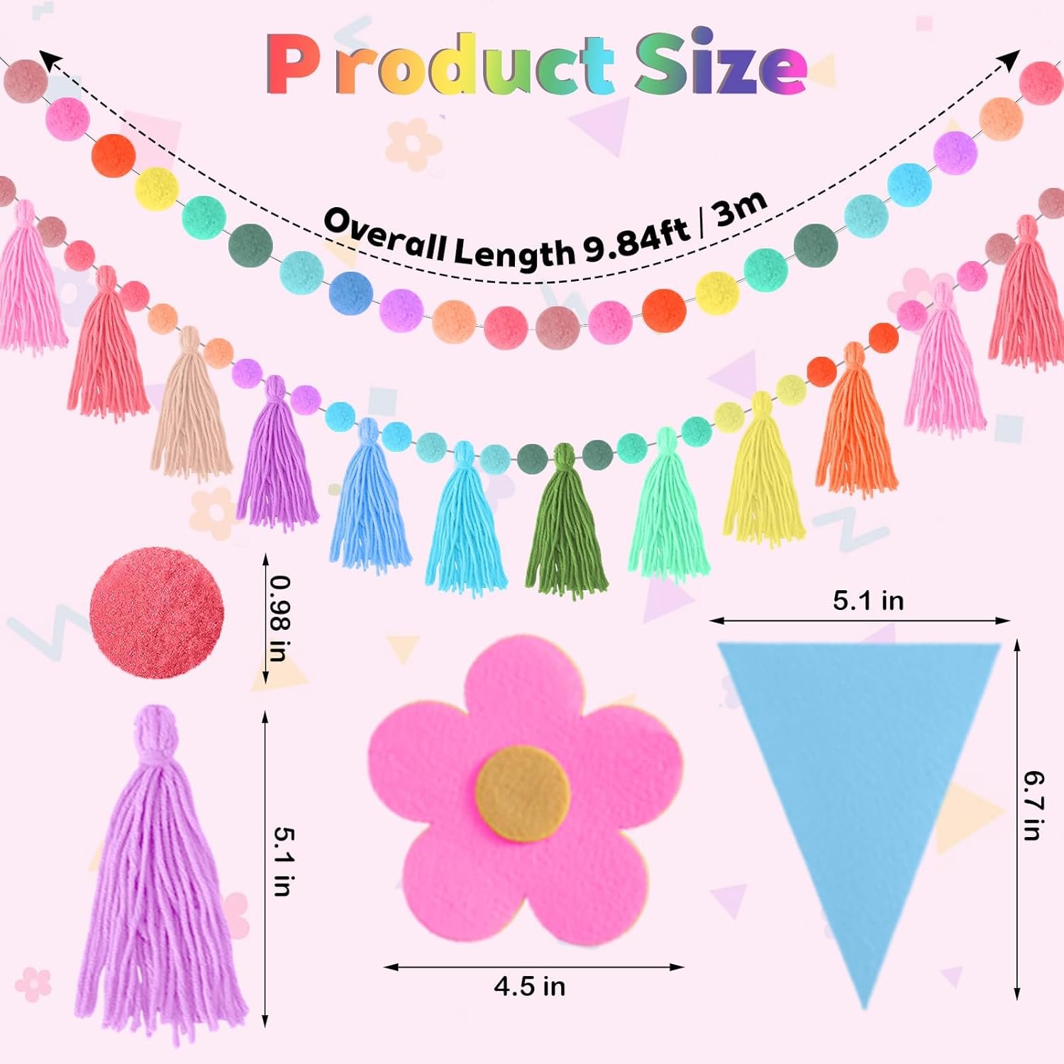 Wholesale 4 Pcs Rainbow Tassel Pom Pom Garland 9.8 Feet Boho Felt Fabric Banner Set Pastel Wall Door Hanging Decor for Classroom Birthday Party Kids Bedroom School Supplier