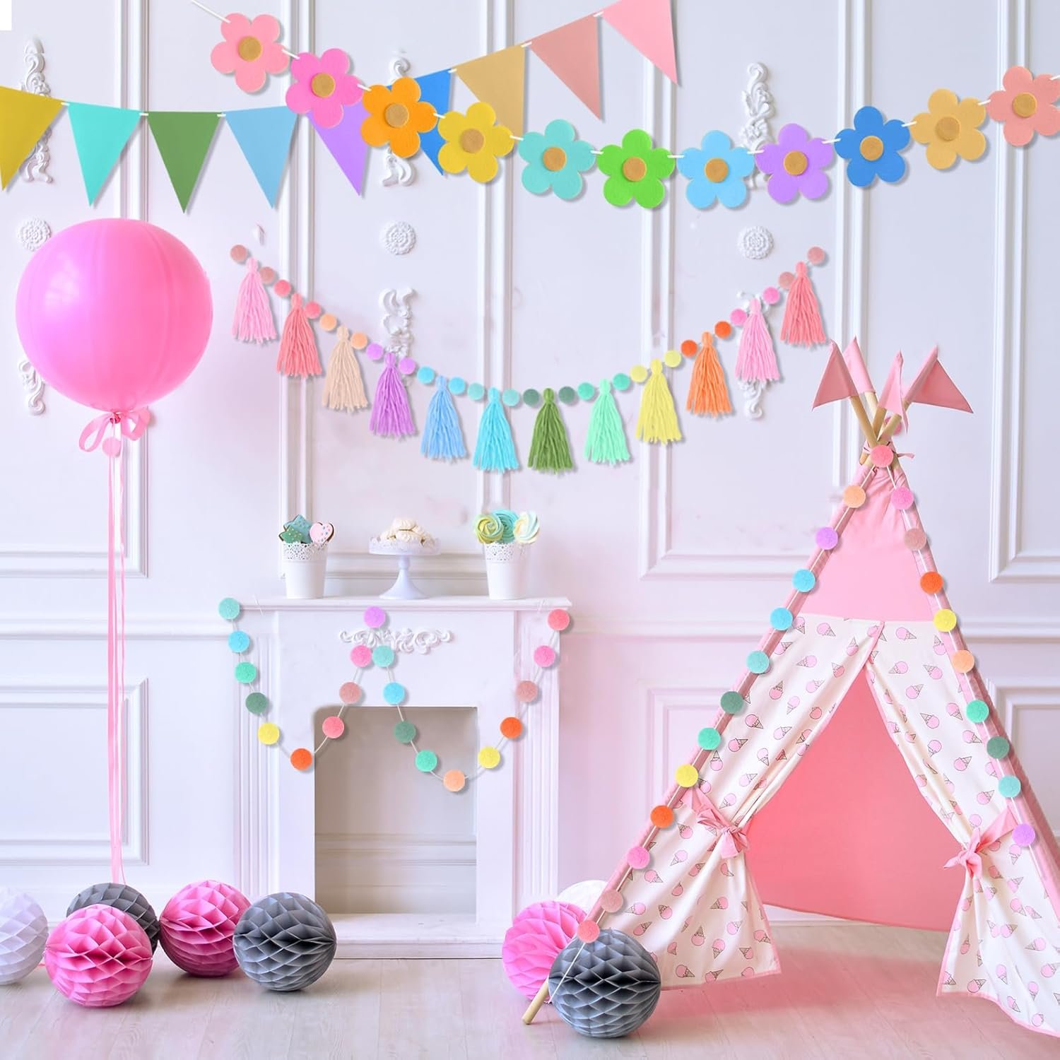 Wholesale 4 Pcs Rainbow Tassel Pom Pom Garland 9.8 Feet Boho Felt Fabric Banner Set Pastel Wall Door Hanging Decor for Classroom Birthday Party Kids Bedroom School Supplier