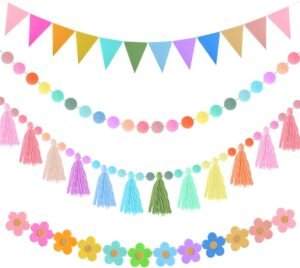 4 Pcs Rainbow Tassel Garland Colorful Pom Pom Garland 9.8 Feet Boho Felt Fabric Tassel Banner Set, Pastel Wall Door Hanging Decor for Classroom Birthday Party Kids Bedroom School