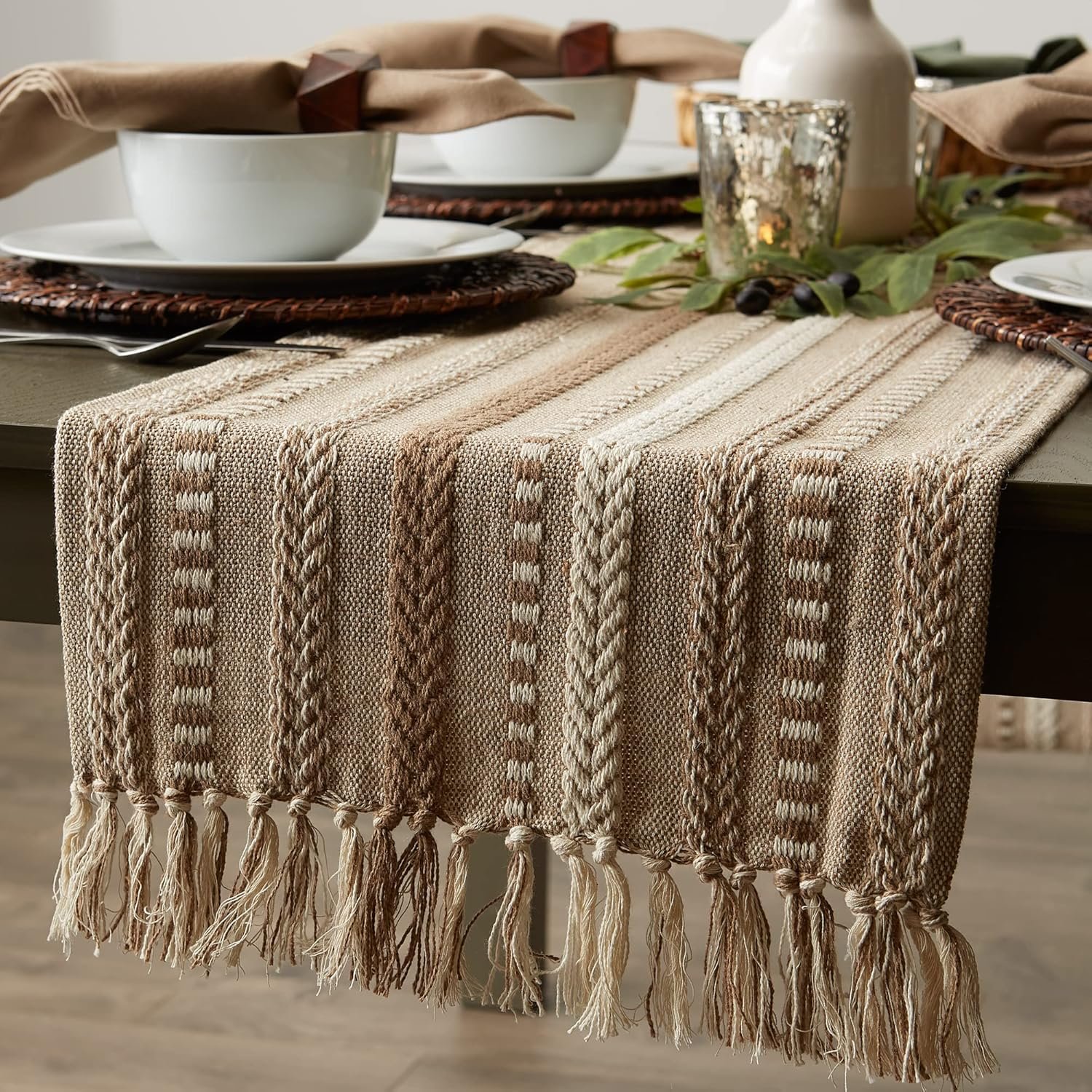 Wholesale Farmhouse Braided Stripe Table Runner Collection 15x72 (15x77 Fringe Included) Stone Supplier Wholesale Farmhouse Braided Stripe Table Runner Collection 15x72 (15x77 Fringe Included) Stone Supplier