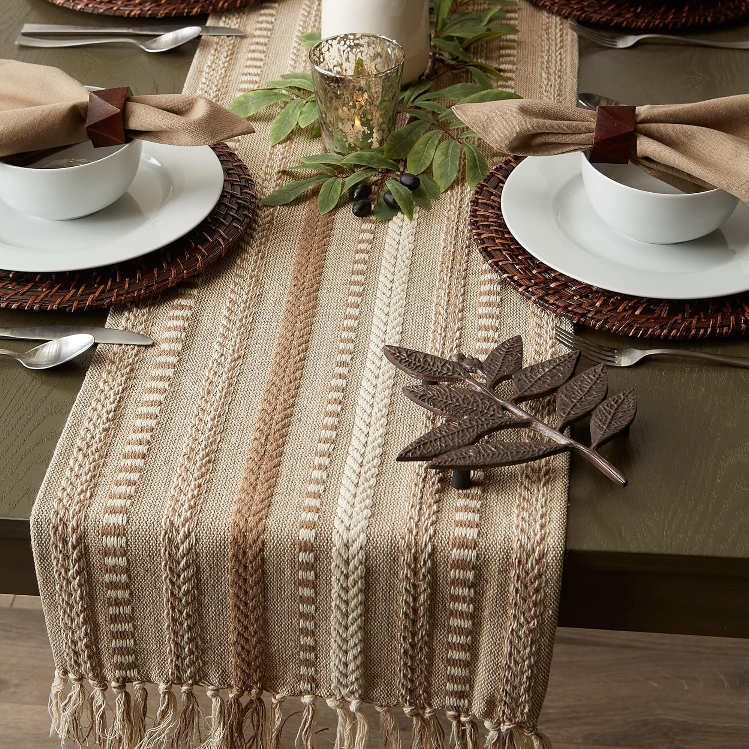 Wholesale Farmhouse Braided Stripe Table Runner Collection 15x72 (15x77 Fringe Included) Stone Supplier Wholesale Farmhouse Braided Stripe Table Runner Collection 15x72 (15x77 Fringe Included) Stone Supplier