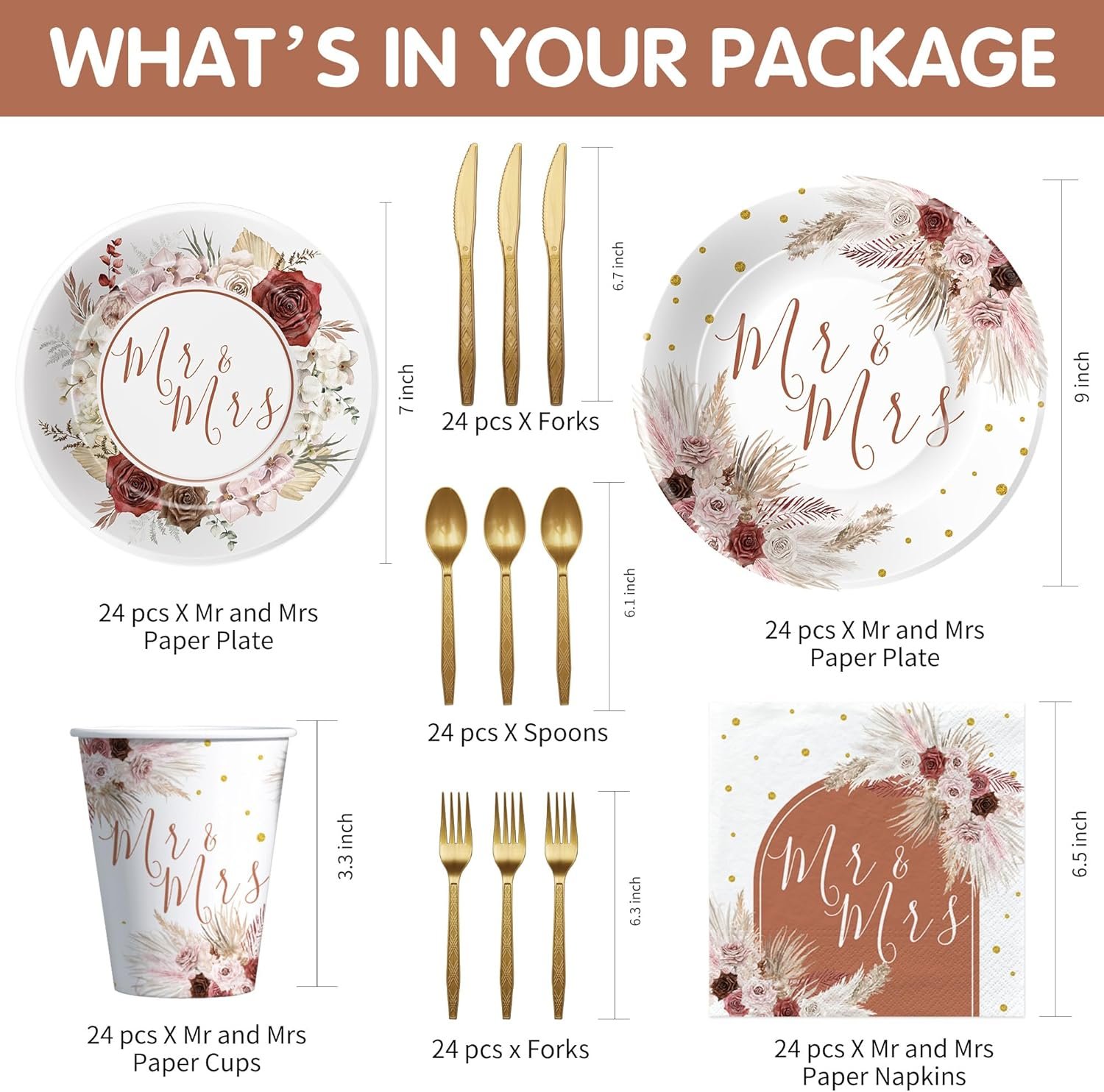 Wholesale Mr & Mrs Boho Bridal Shower Tableware Party Supplies Paper Plates Cups Napkins Cutlery Pampas Grass Theme Serves 24 Supplier