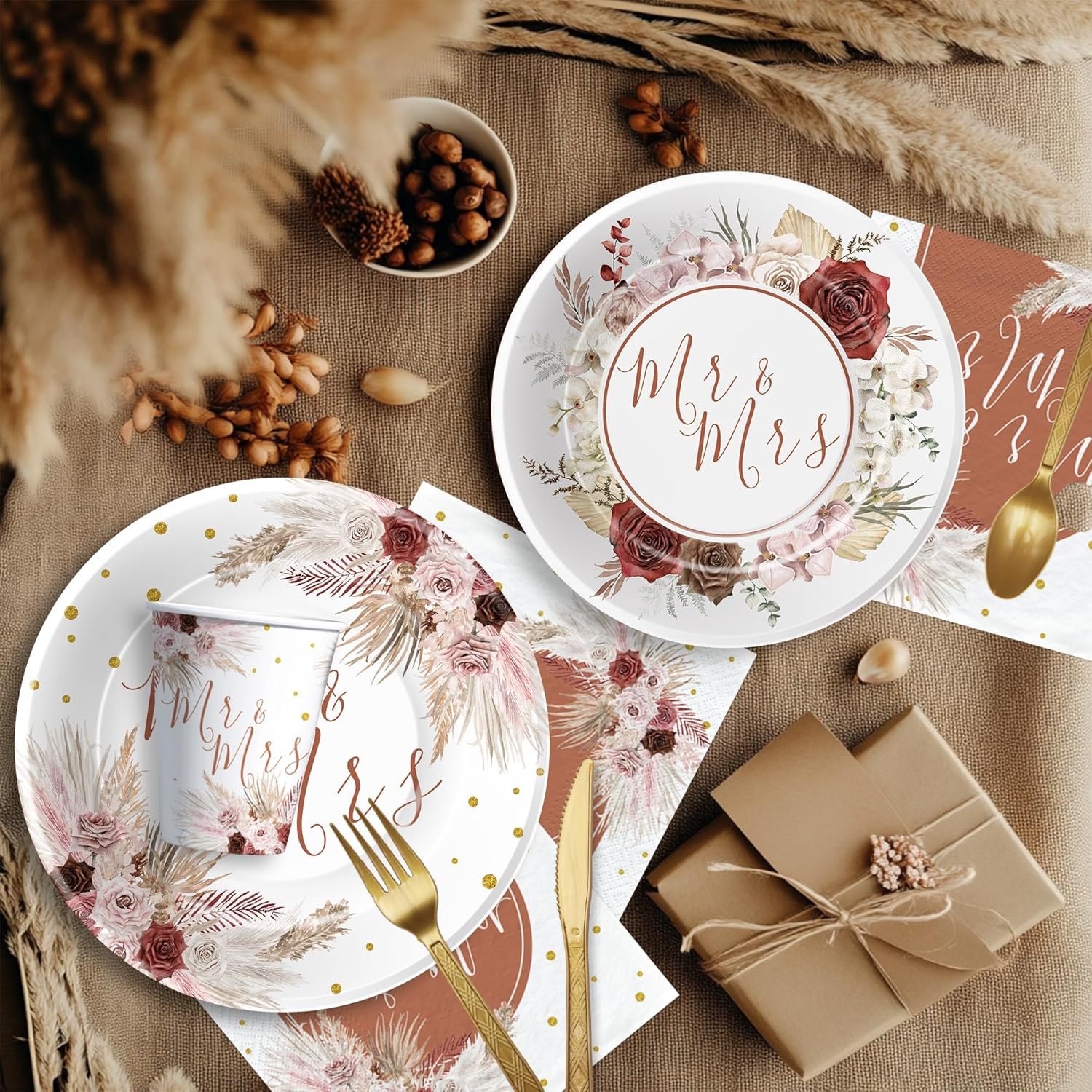 Wholesale Mr & Mrs Boho Bridal Shower Tableware Party Supplies Paper Plates Cups Napkins Cutlery Pampas Grass Theme Serves 24 Supplier