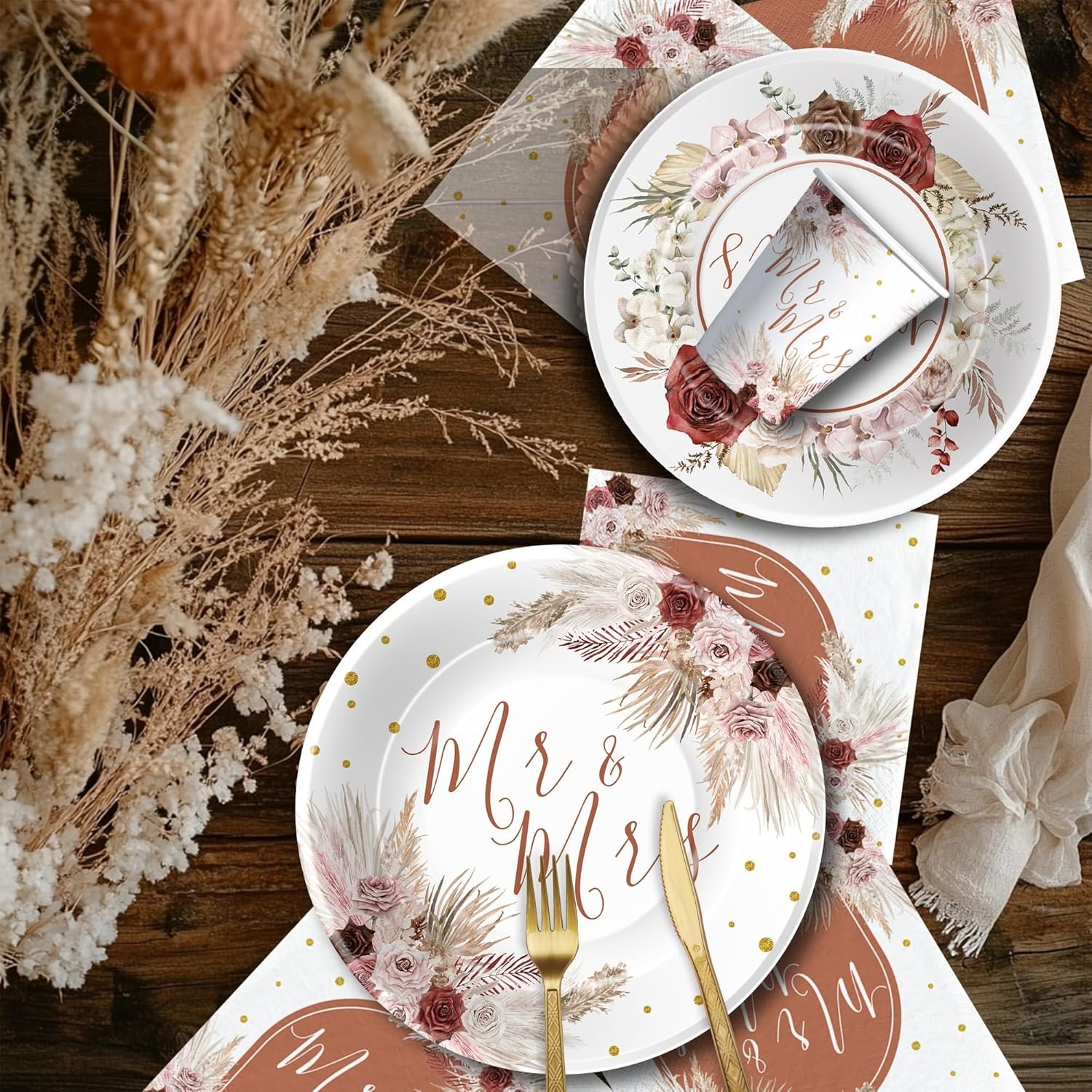 Wholesale Mr & Mrs Boho Bridal Shower Tableware Party Supplies Paper Plates Cups Napkins Cutlery Pampas Grass Theme Serves 24 Supplier