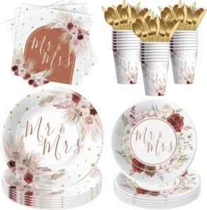 Mr And Mrs Bridal Shower Decorations Tableware, Mr Mrs Boho Wedding Party Supplies, Paper Plate, Cup, Napkin, Cutlery, Pampas Grass Theme Bridal Shower Table Decorations, Serves 24