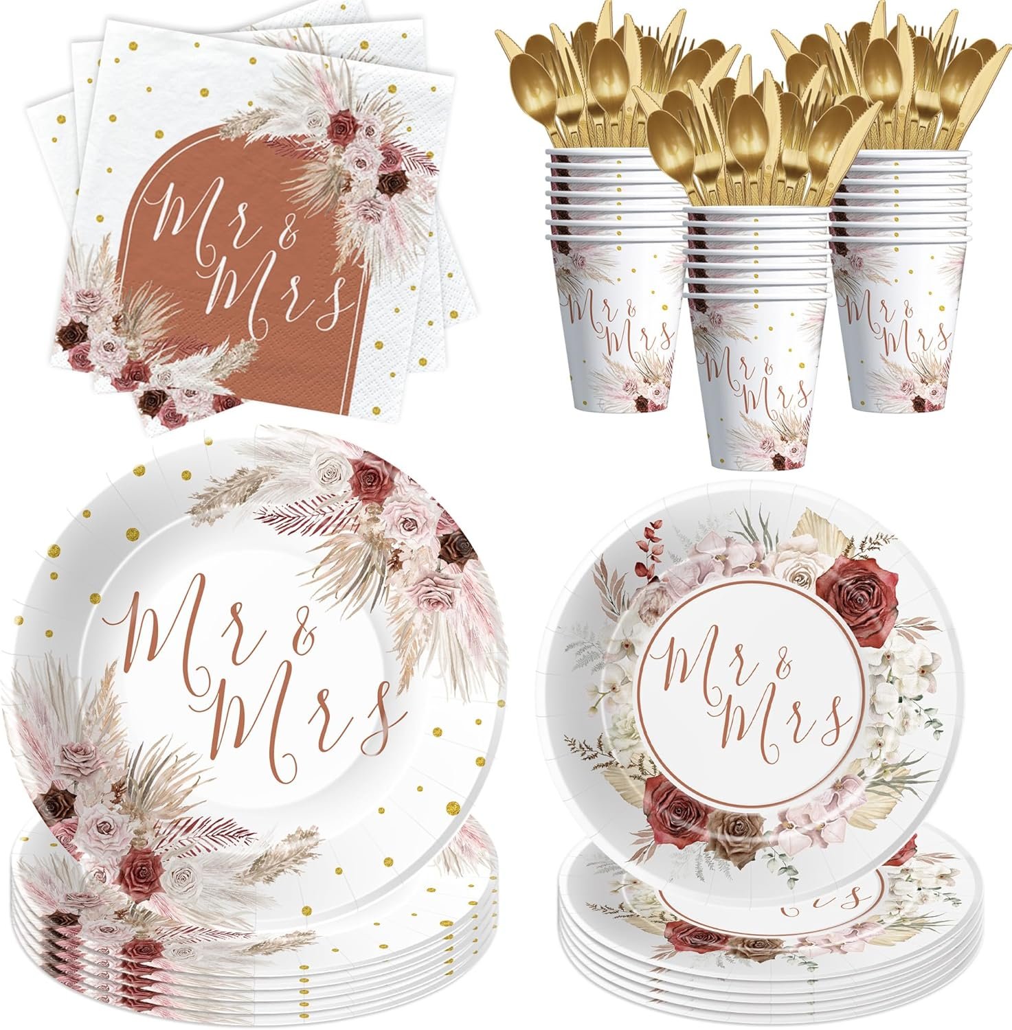 Mr And Mrs Bridal Shower Decorations Tableware, Mr Mrs Boho Wedding Party Supplies, Paper Plate, Cup, Napkin, Cutlery, Pampas Grass Theme Bridal Shower Table Decorations, Serves 24