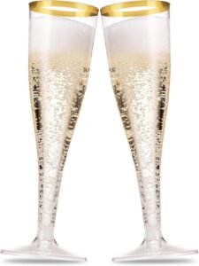 Munfix 50 Pack Gold Rimmed Plastic Champagne Flutes 5 Oz Clear Plastic Toasting Glasses Fancy Disposable Wedding Party Cocktail Cups with Gold Rim