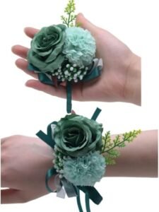 2 Rose Flower Wrist Corsage Boutonniere Set,Handmade Silk Flower for Bride Hand Flower Men Boutonniere, Prom Artificial Flower Wrist Corsage Bracelets (Green)