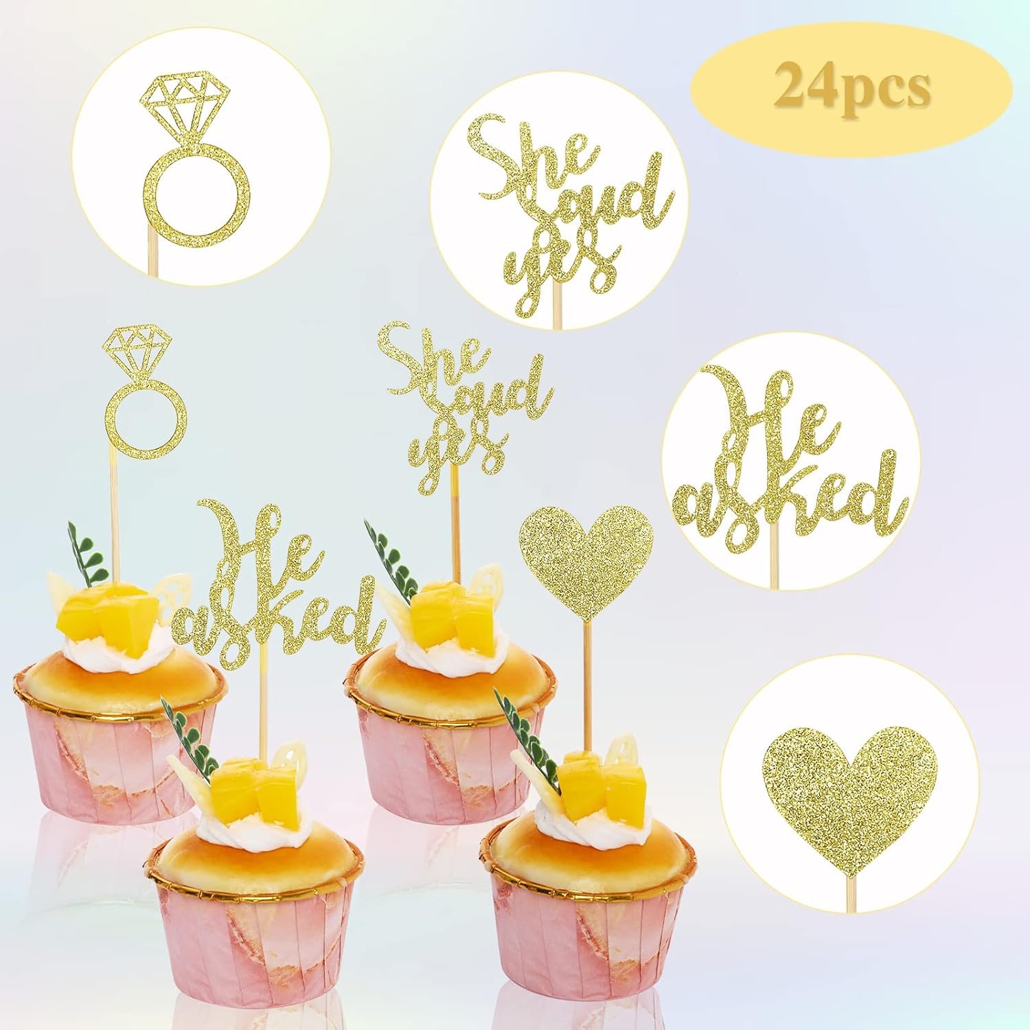 Wholesale 24 Pcs He Asked She Said Yes Gold Cake Toppers Heart Diamond Ring Glitter Cupcake Picks for Wedding Engagement Bridal Shower Party Decorations Supplier Wholesale 24 Pcs He Asked She Said Yes Gold Cake Toppers Heart Diamond Ring Glitter Cupcake Picks for Wedding Engagement Bridal Shower Party Decorations Supplier