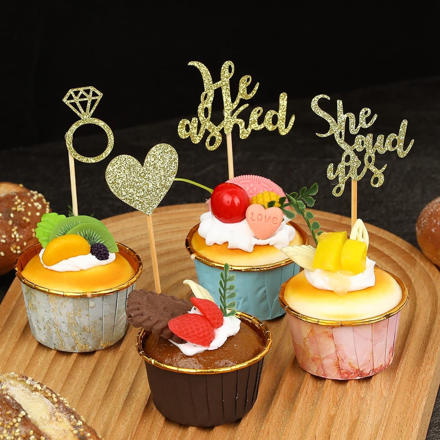 Wholesale 24 Pcs He Asked She Said Yes Gold Cake Toppers Heart Diamond Ring Glitter Cupcake Picks for Wedding Engagement Bridal Shower Party Decorations Supplier Wholesale 24 Pcs He Asked She Said Yes Gold Cake Toppers Heart Diamond Ring Glitter Cupcake Picks for Wedding Engagement Bridal Shower Party Decorations Supplier