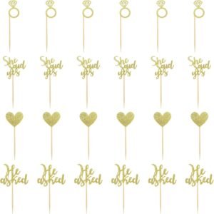 24 Pcs He Asked She Said Yes Cake Topper Gold Cupcake Toppers Heart Diamond Ring Cupcake Picks Glitter Cupcake Decorations for Wedding Engagement Bridal Shower Party Cake Decorations