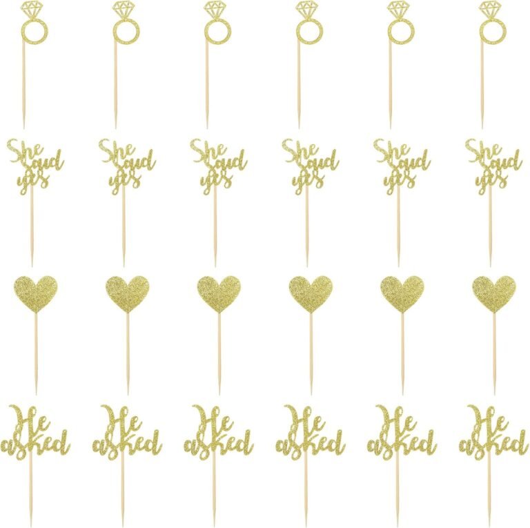 24 Pcs He Asked She Said Yes Cake Topper Gold Cupcake Toppers Heart Diamond Ring Cupcake Picks Glitter Cupcake Decorations for Wedding Engagement Bridal Shower Party Cake Decorations