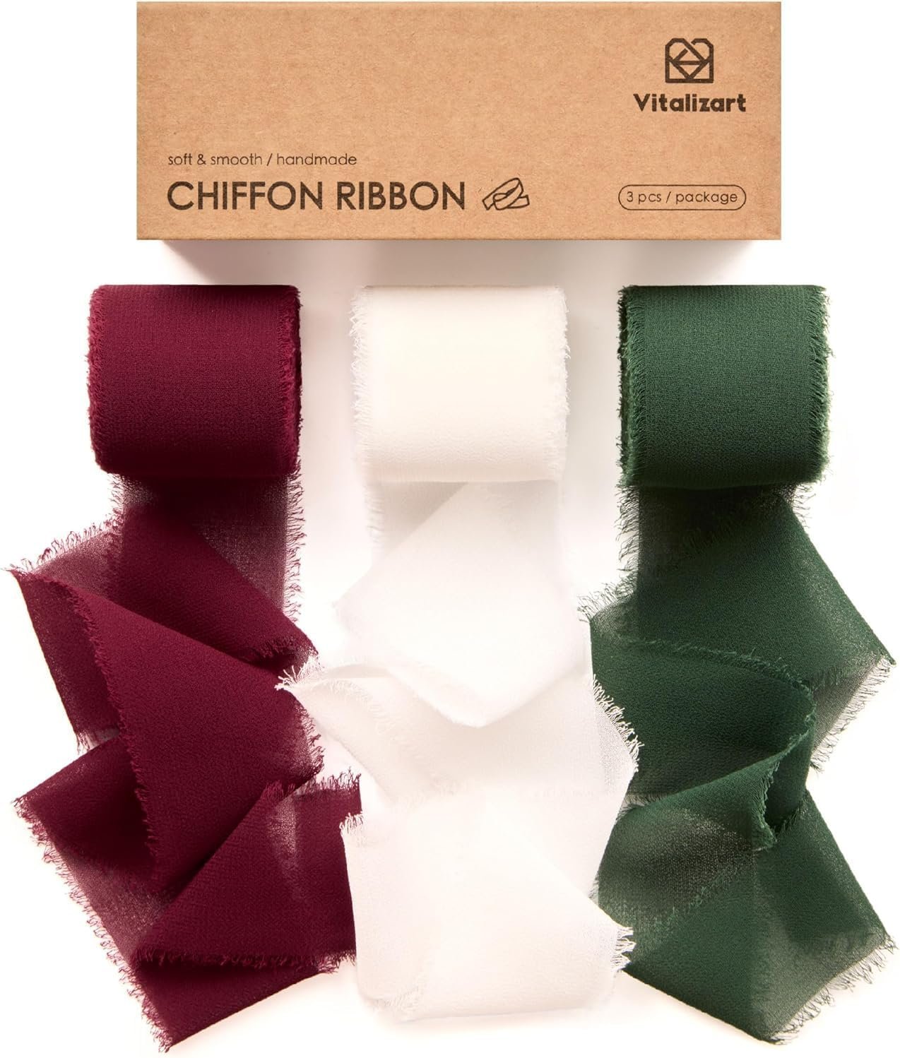 Vitalizart Christmas Handmade Chiffon Silk Ribbon Fringe 3 Rolls 1.5" x 21 Yd Frayed Edges Ribbons for Wedding Invitations Bridal Bouquets Gifts Wrapping Crafts Holiday Decor Red Green White