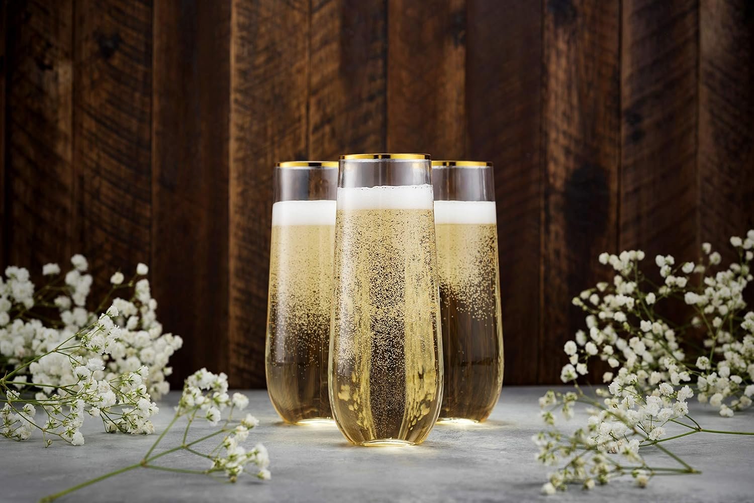 Wholesale 48 Pack 9 Oz Stemless Plastic Champagne Flutes Disposable Gold Rim Clear Toasting Glasses Shatterproof Recyclable BPA-Free Supplier Wholesale 48 Pack 9 Oz Stemless Plastic Champagne Flutes Disposable Gold Rim Clear Toasting Glasses Shatterproof Recyclable BPA-Free Supplier