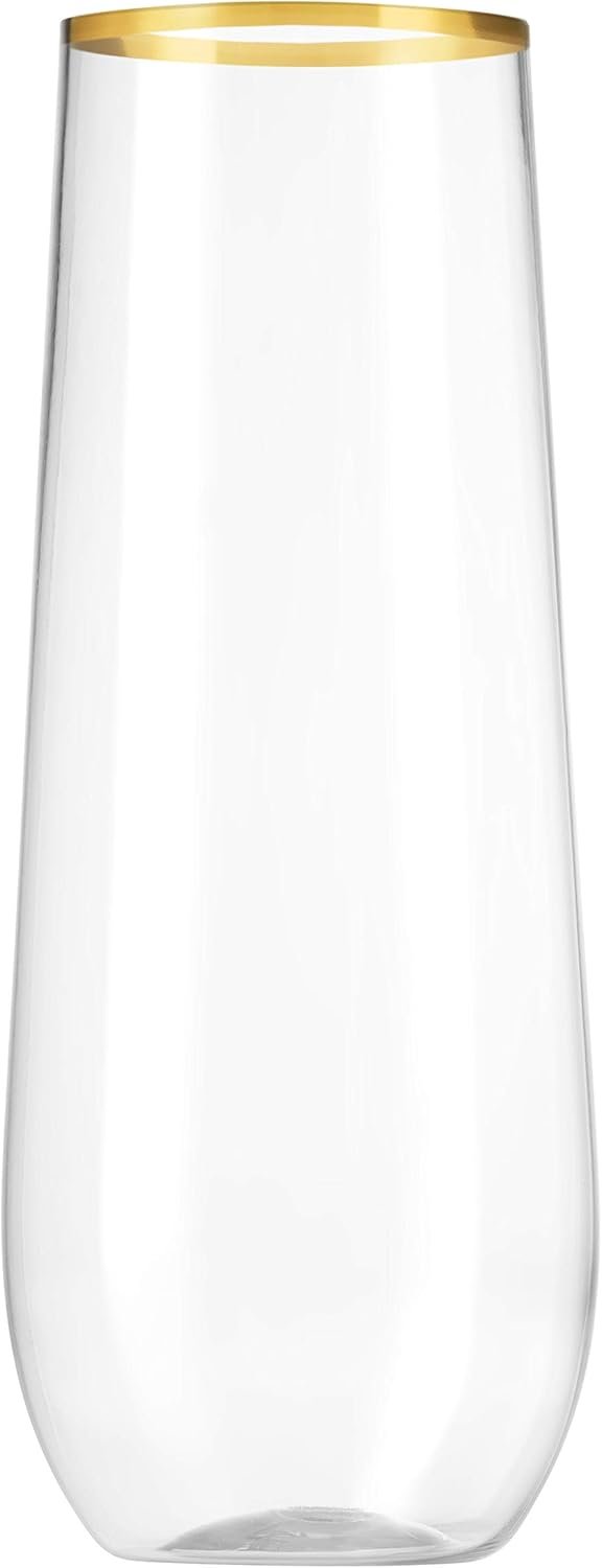 Wholesale 48 Pack 9 Oz Stemless Plastic Champagne Flutes Disposable Gold Rim Clear Toasting Glasses Shatterproof Recyclable BPA-Free Supplier Wholesale 48 Pack 9 Oz Stemless Plastic Champagne Flutes Disposable Gold Rim Clear Toasting Glasses Shatterproof Recyclable BPA-Free Supplier