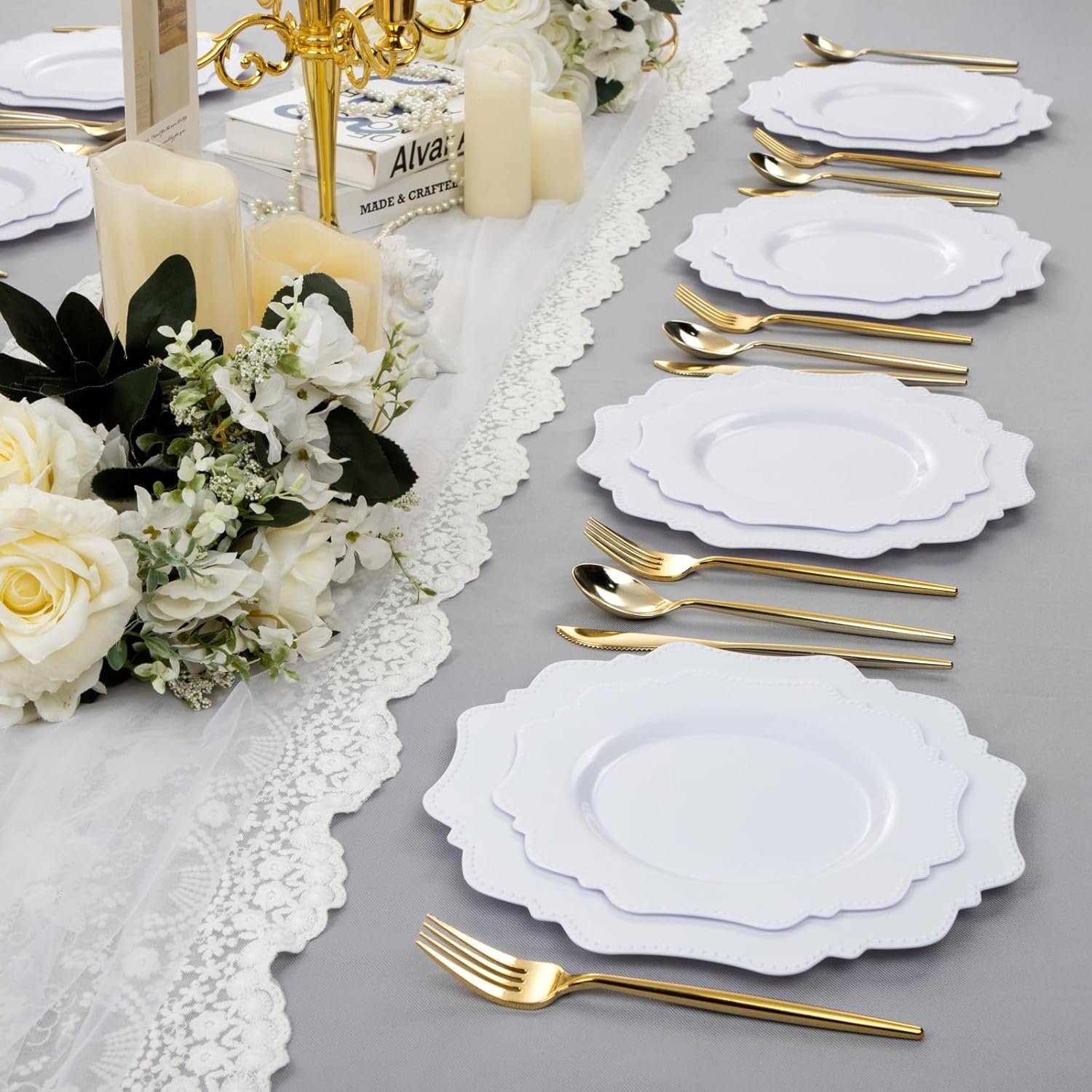 Wholesale 60PCS White Fancy Beaded Plastic Plates for Christmas 30 Guests - 30PCS 10.5 Wholesale 60PCS White Fancy Beaded Plastic Plates for Christmas 30 Guests - 30PCS 10.5