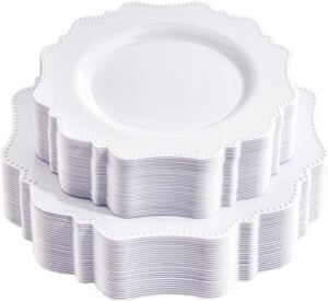 COLOSUS 60PCS White Plastic Plates for 30 guests-Fancy Plastic Beaded Plates,Disposable Christmas plastic plates,Include 30 PCS 10.5" Dinner Plates & 30PCS 8.25" Dessert-Platos for Christmas
