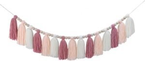 DrCor Pastel Pink Boho Tassel Garland – Blush Nursery Wall Decor for Girls Bedroom, Kids Room or Dorm, Gender Reveal or Baby Shower Backdrop, Bohemian Mantel or Entryway Decoration