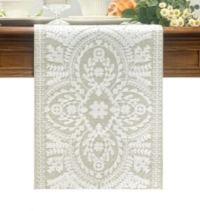 KEVA Boho Table Runner 72inches Long, Farmhouse Linen Table Runner, Rustic Vintage Natural Embroidered Table Runners 13x72 Inch for Dining Table Decorations