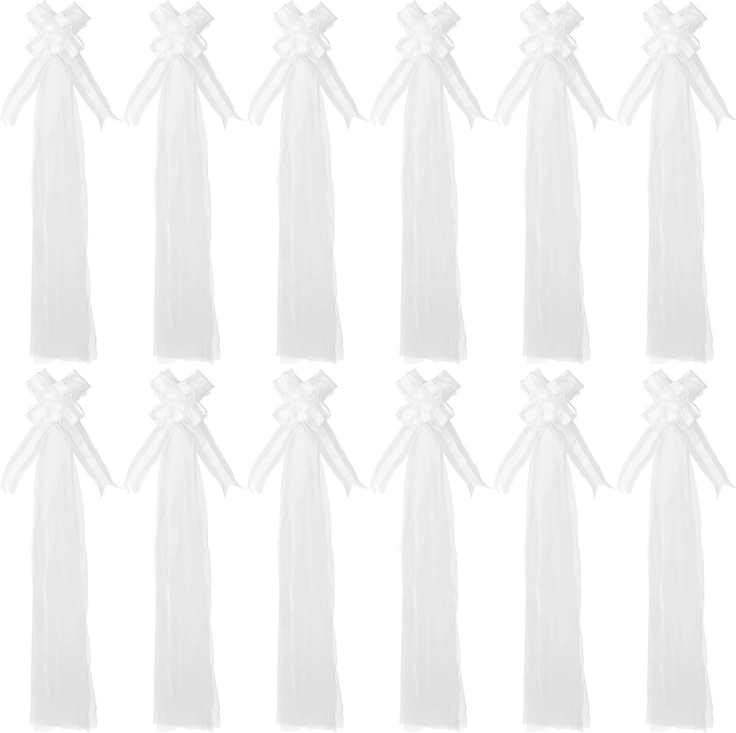 Wholesale 12 Pcs Big White Wedding Pew Bows with Long Tulle Tails Pull String Chair Bows Long-Lasting Polyester Aisle Decorations Supplier Wholesale 12 Pcs Big White Wedding Pew Bows with Long Tulle Tails Pull String Chair Bows Long-Lasting Polyester Aisle Decorations Supplier