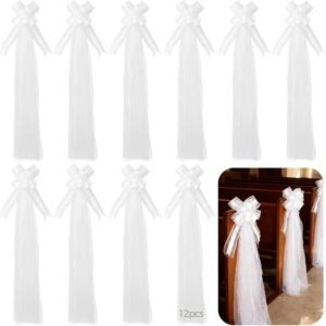 12 Pcs White Wedding Pew Bows with Long Tulle Tails, Big Pull String Chair Bows, Long-Lasting Polyester Wedding Decorative Bows for Wedding Aisle Decorations