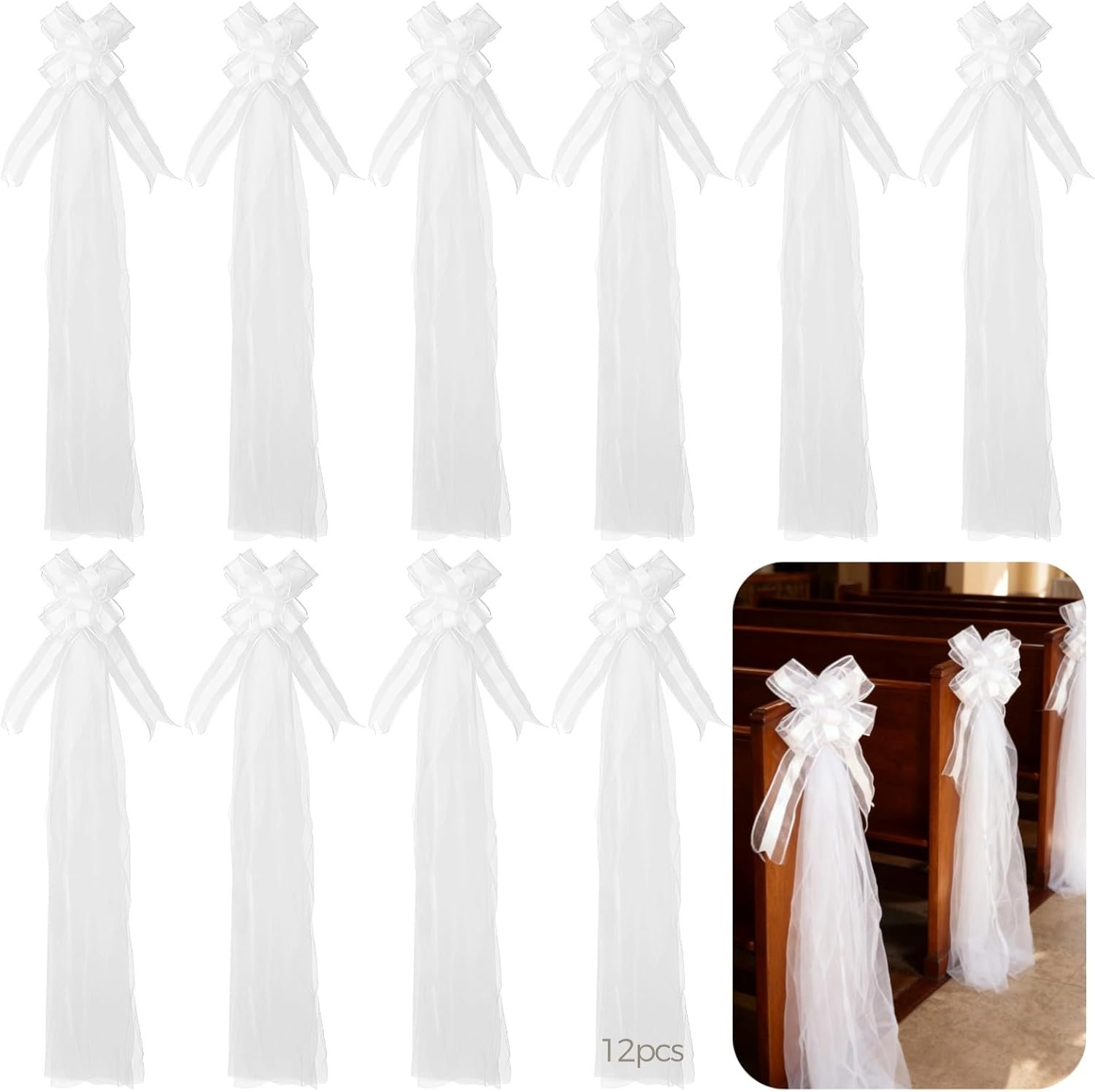 12 Pcs White Wedding Pew Bows with Long Tulle Tails, Big Pull String Chair Bows, Long-Lasting Polyester Wedding Decorative Bows for Wedding Aisle Decorations