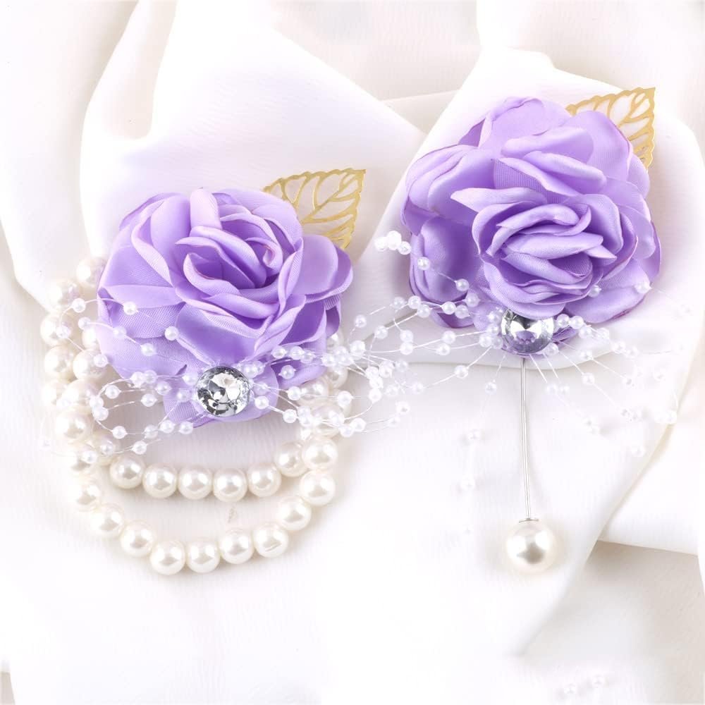 Wholesale Dusty Purple Bridesmaid Wrist Corsage Boutonniere Set for Wedding Prom Bridal Party Groom Set of 2 Supplier