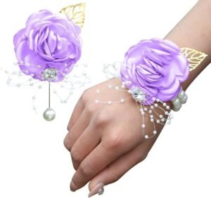 WANLIAN Bridesmaid Wrist Corsage Wedding Flowers Boutonniere Set Prom Dusty Purple Flowers for Groom Bridal Wedding Party Prom Set of 2(Purple)