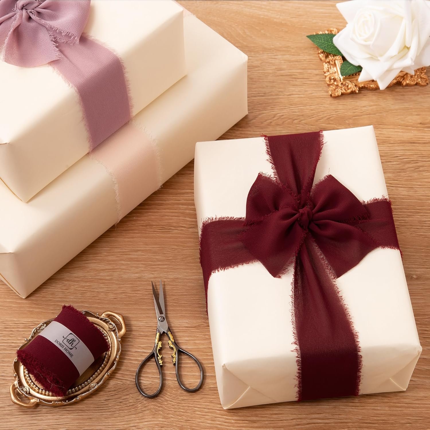 Wholesale Handmade Frayed Burgundy Chiffon Ribbon 2