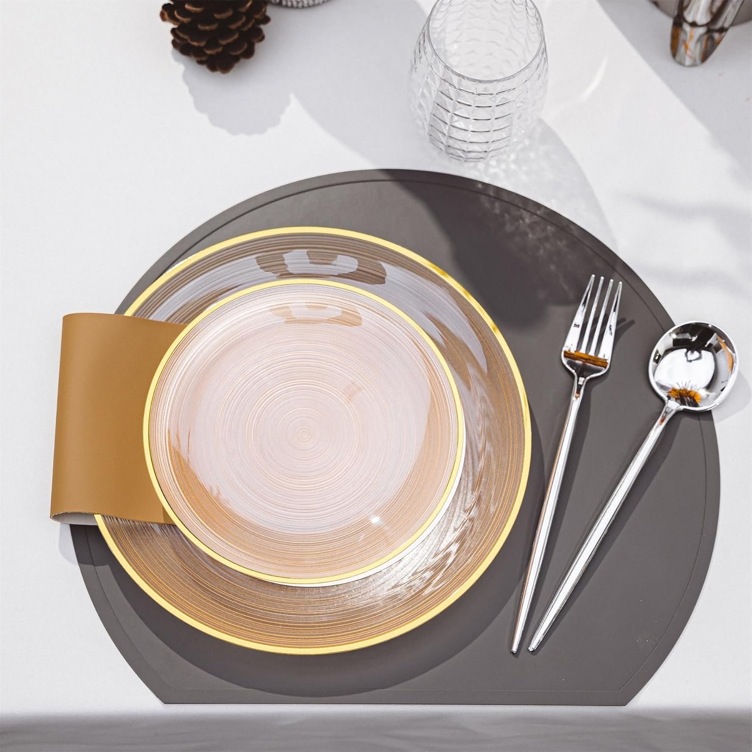 Wholesale 60PCS Orange Plastic Plates with Gold Rim Elegant Disposable Circular Ribbed Design 30 Dinner and 30 Dessert Plates for Parties Weddings Banquets Events Translucent Orange Supplier