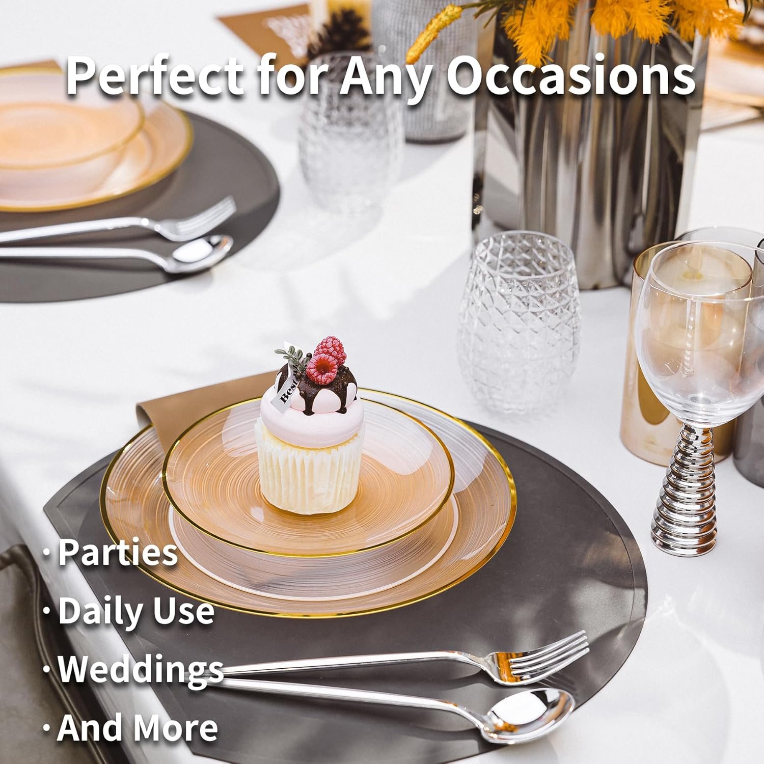 Wholesale 60PCS Orange Plastic Plates with Gold Rim Elegant Disposable Circular Ribbed Design 30 Dinner and 30 Dessert Plates for Parties Weddings Banquets Events Translucent Orange Supplier