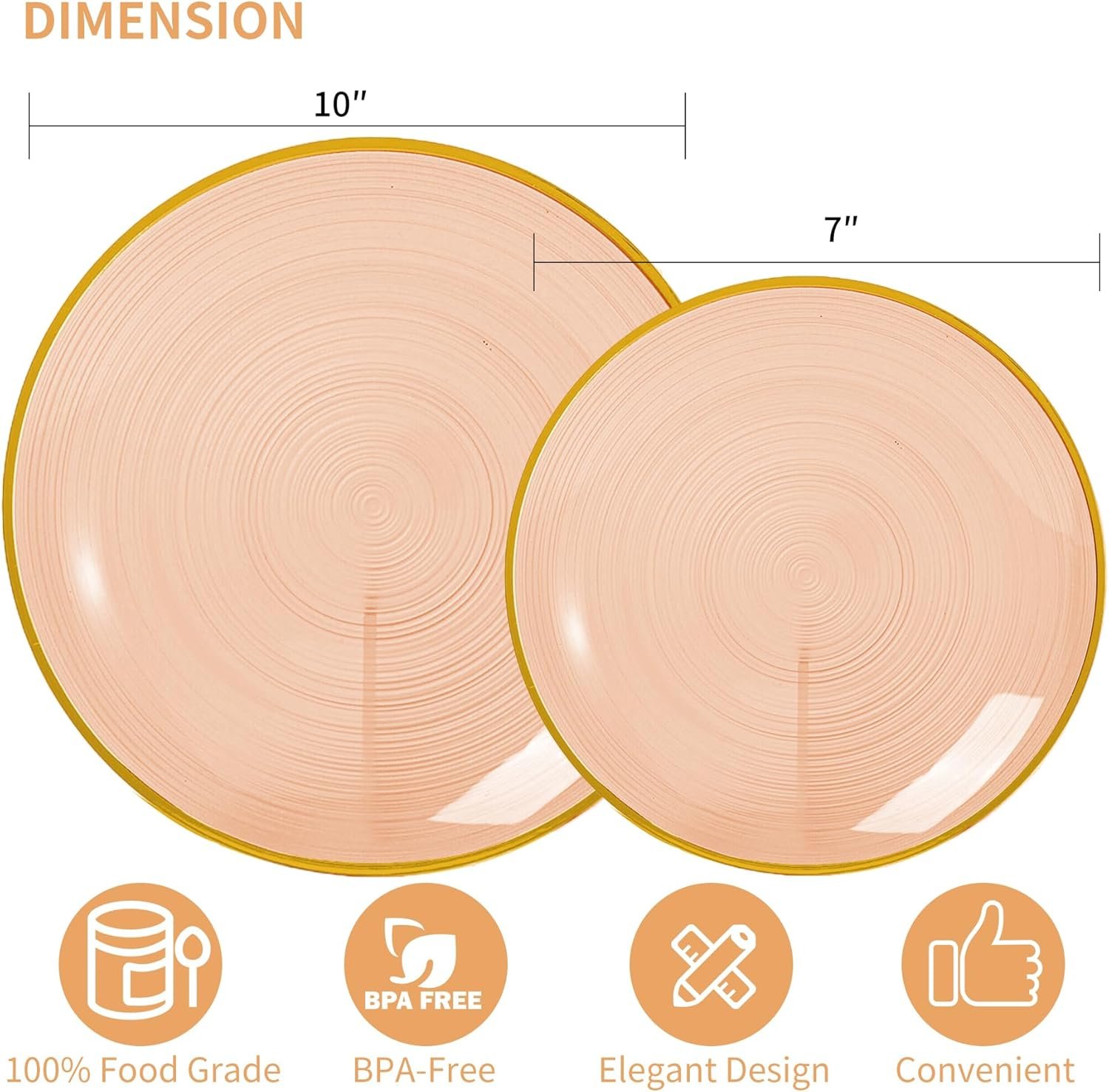 Wholesale 60PCS Orange Plastic Plates with Gold Rim Elegant Disposable Circular Ribbed Design 30 Dinner and 30 Dessert Plates for Parties Weddings Banquets Events Translucent Orange Supplier