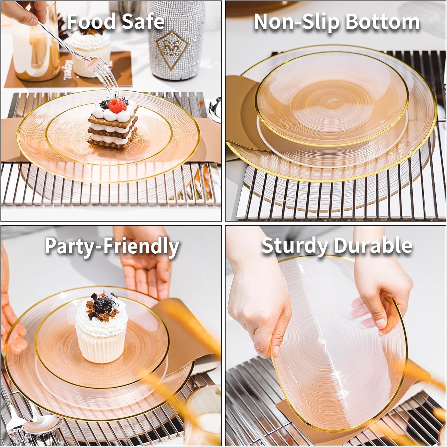 Wholesale 60PCS Orange Plastic Plates with Gold Rim Elegant Disposable Circular Ribbed Design 30 Dinner and 30 Dessert Plates for Parties Weddings Banquets Events Translucent Orange Supplier