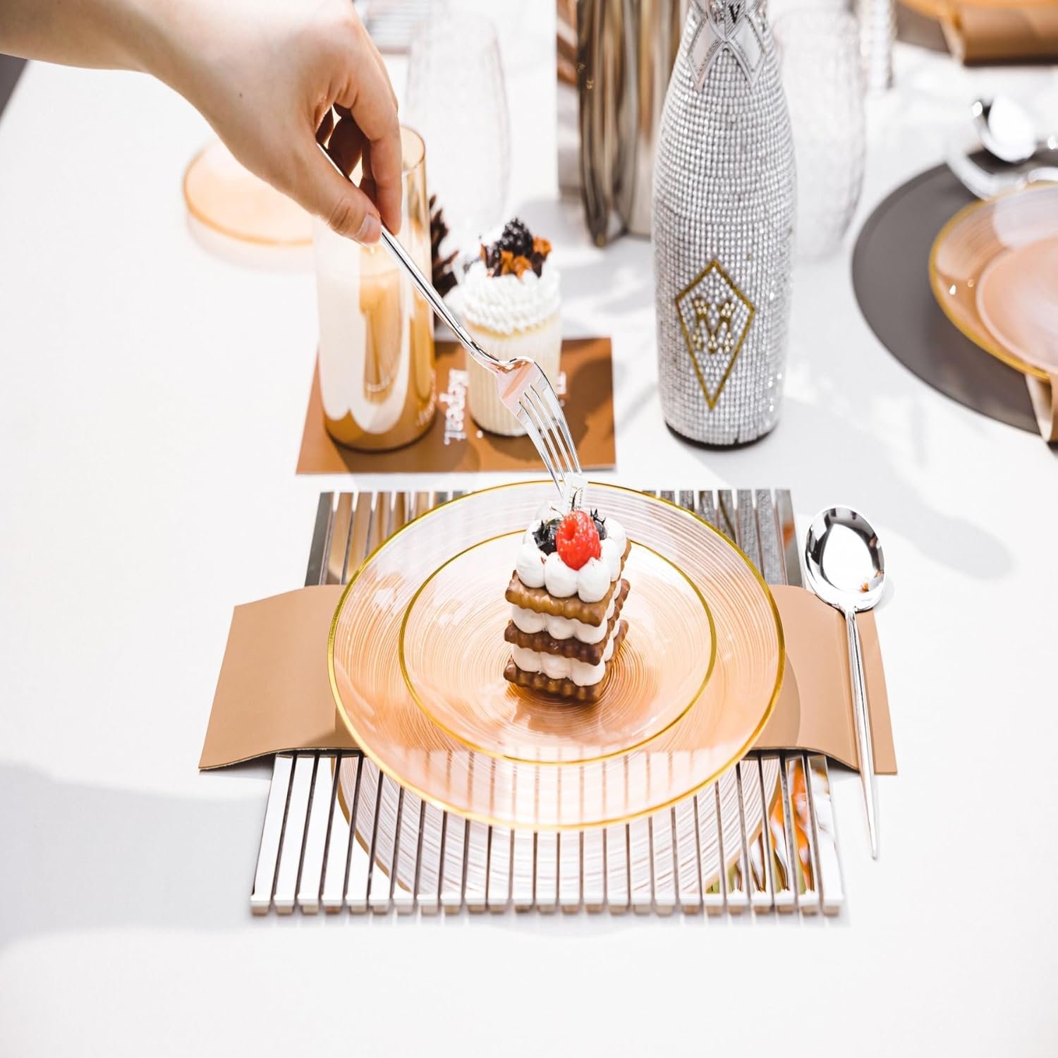 Wholesale 60PCS Orange Plastic Plates with Gold Rim Elegant Disposable Circular Ribbed Design 30 Dinner and 30 Dessert Plates for Parties Weddings Banquets Events Translucent Orange Supplier