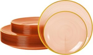 N9R 60PCS Orange Plastic Plates with Gold Rim, Elegant Disposable Plates, Circular Ribbed Design, 30 Dinner & 30 Dessert Plate for Parties, Weddings, Banquets and Events (Translucent Orange)