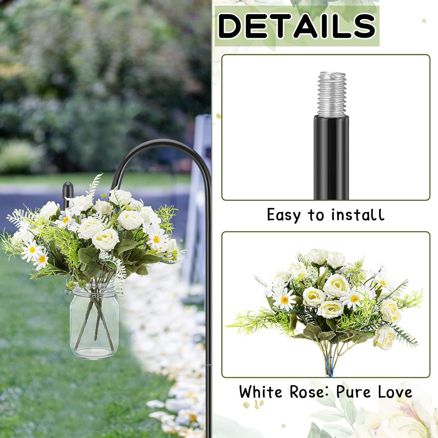 Wholesale 8 Sets 16 oz Rose Daisy Hanging Mason Jars with 32 Shepherd Hooks Rustic Faux Flowers for Outdoor Wedding Aisle Ceremony Decorations Supplier Wholesale 8 Sets 16 oz Rose Daisy Hanging Mason Jars with 32 Shepherd Hooks Rustic Faux Flowers for Outdoor Wedding Aisle Ceremony Decorations Supplier