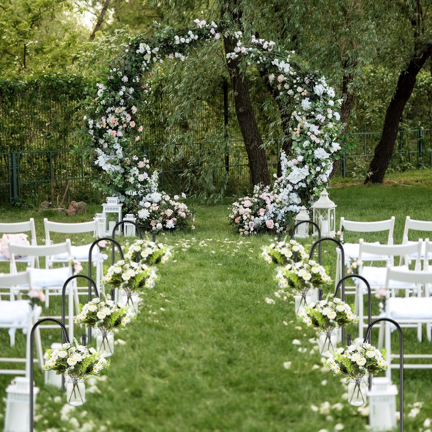 Wholesale 8 Sets 16 oz Rose Daisy Hanging Mason Jars with 32 Shepherd Hooks Rustic Faux Flowers for Outdoor Wedding Aisle Ceremony Decorations Supplier Wholesale 8 Sets 16 oz Rose Daisy Hanging Mason Jars with 32 Shepherd Hooks Rustic Faux Flowers for Outdoor Wedding Aisle Ceremony Decorations Supplier