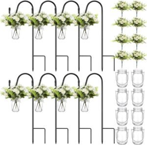 8 Sets Wedding Aisle Decoration Include 16 oz Rose Daisy Hanging Mason Jar 32 Shepherds Hooks Rustic Mason Jar with Faux Rose and Daisy for Outdoor Wedding Isle Ceremony Decorations
