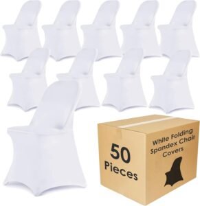 Craft And Party 50 Pack White Spandex Folding Chair Covers, Stretch Polyester Slipcovers for Wedding, Party & Dining Chairs – Flat Front Design, Universal Fit