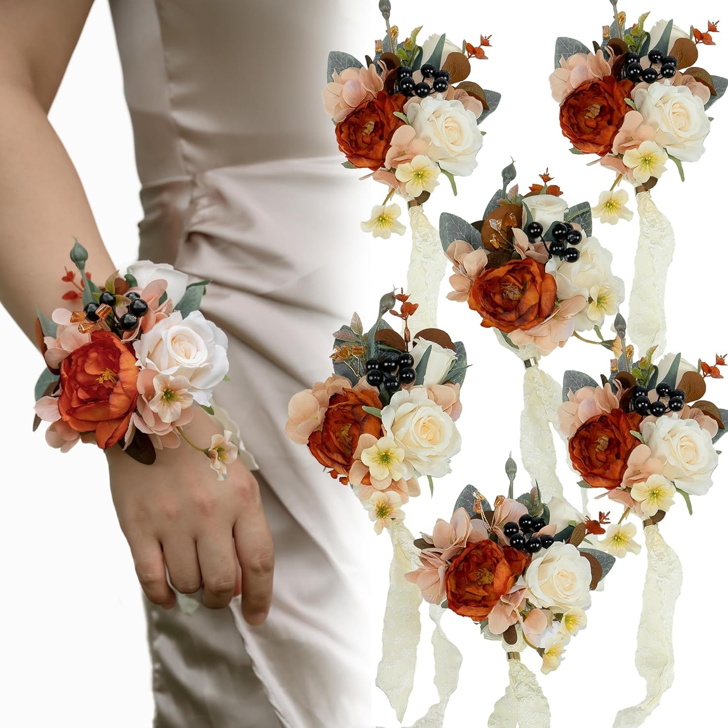 Terracotta Corsages for Wedding(Set of 6),Corsages for Prom,Party Prom Hand Flower Decor,Mother of The Bride Corsage,Bridesmaid Wrist Corsage,Wrist Corsage Bracelets