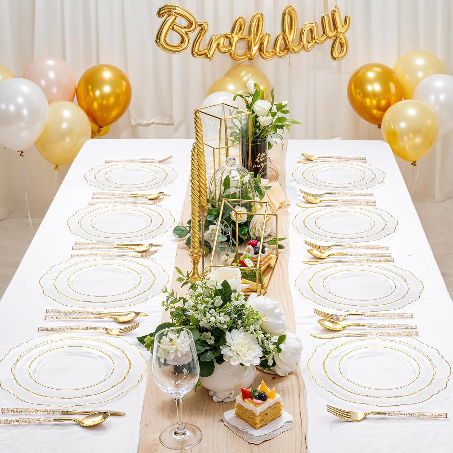 Wholesale 150PCS Clear Gold Plastic Plates Disposable Silverware Glitter Bamboo Handle Cutlery Baroque for Wedding Party Mother's Day Easter Supplier