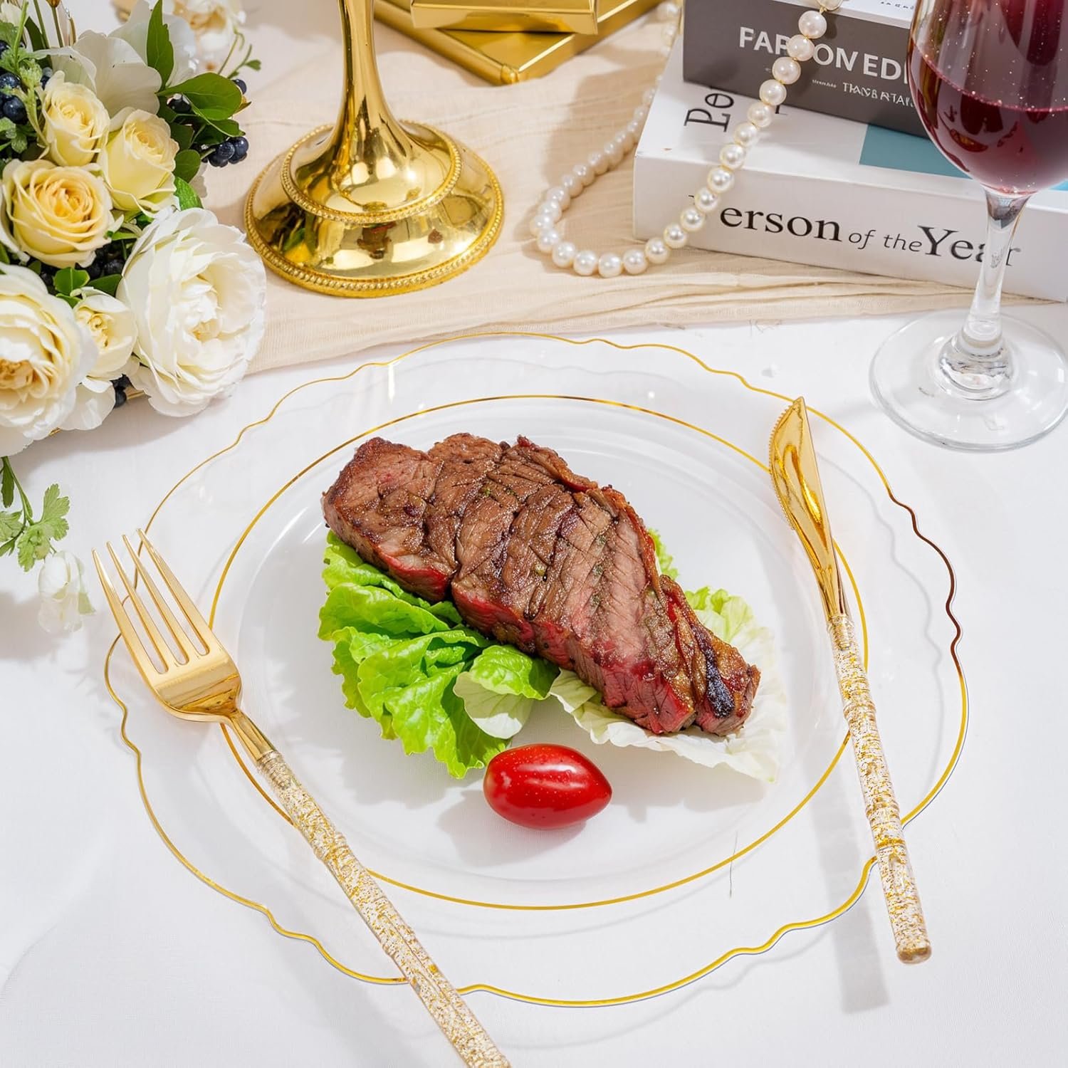 Wholesale 150PCS Clear Gold Plastic Plates Disposable Silverware Glitter Bamboo Handle Cutlery Baroque for Wedding Party Mother's Day Easter Supplier